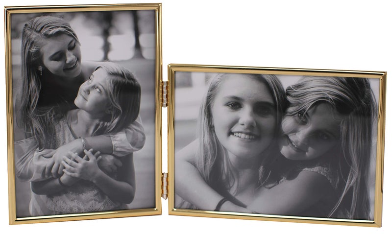 LEADEX Vertical Horizontal Combo- Double 5 by 7 Inch Metal Folding Picture Frames-(1 Landscape and 1 Portrait Style) (modern gold) - Image 1